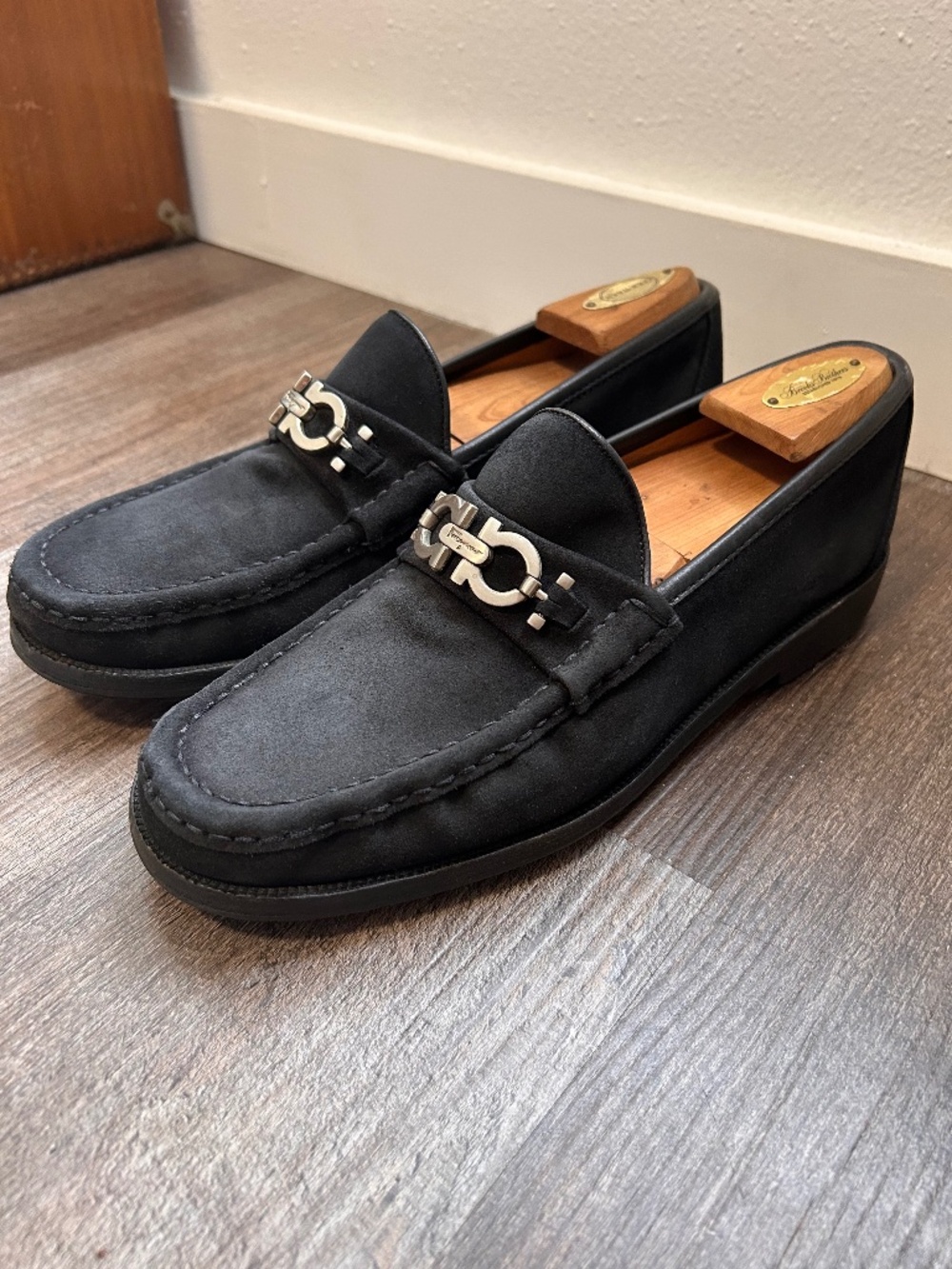 Salvatore Ferragamo authentic Gancini black suede silver horsebit loafers 8EE